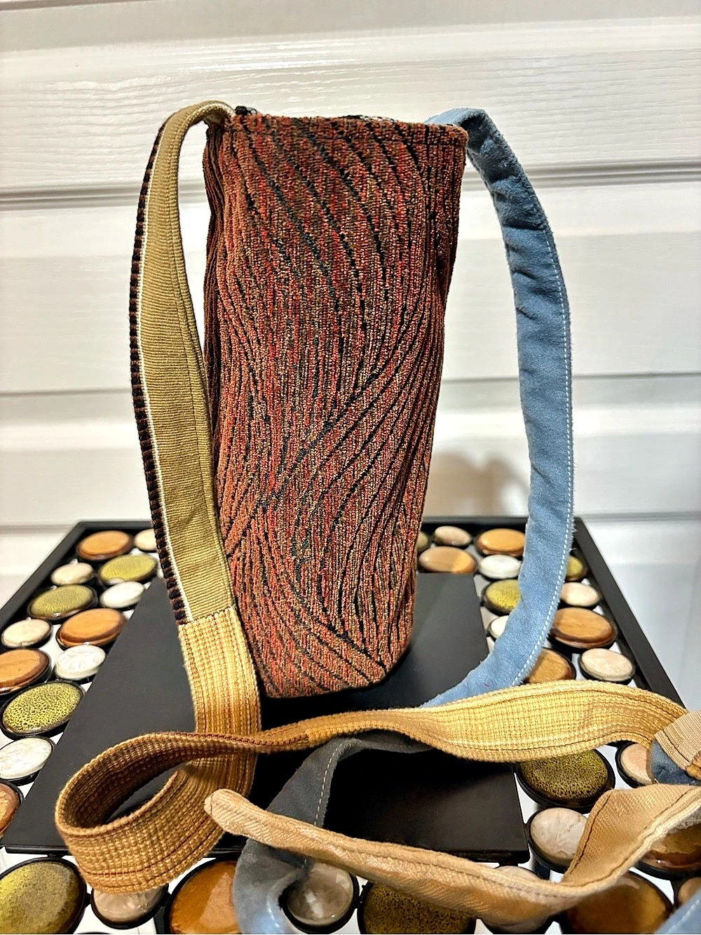 The Bag & Bath Ladies Water Bottle Carrier Reversible Bag 
Brown & Blue